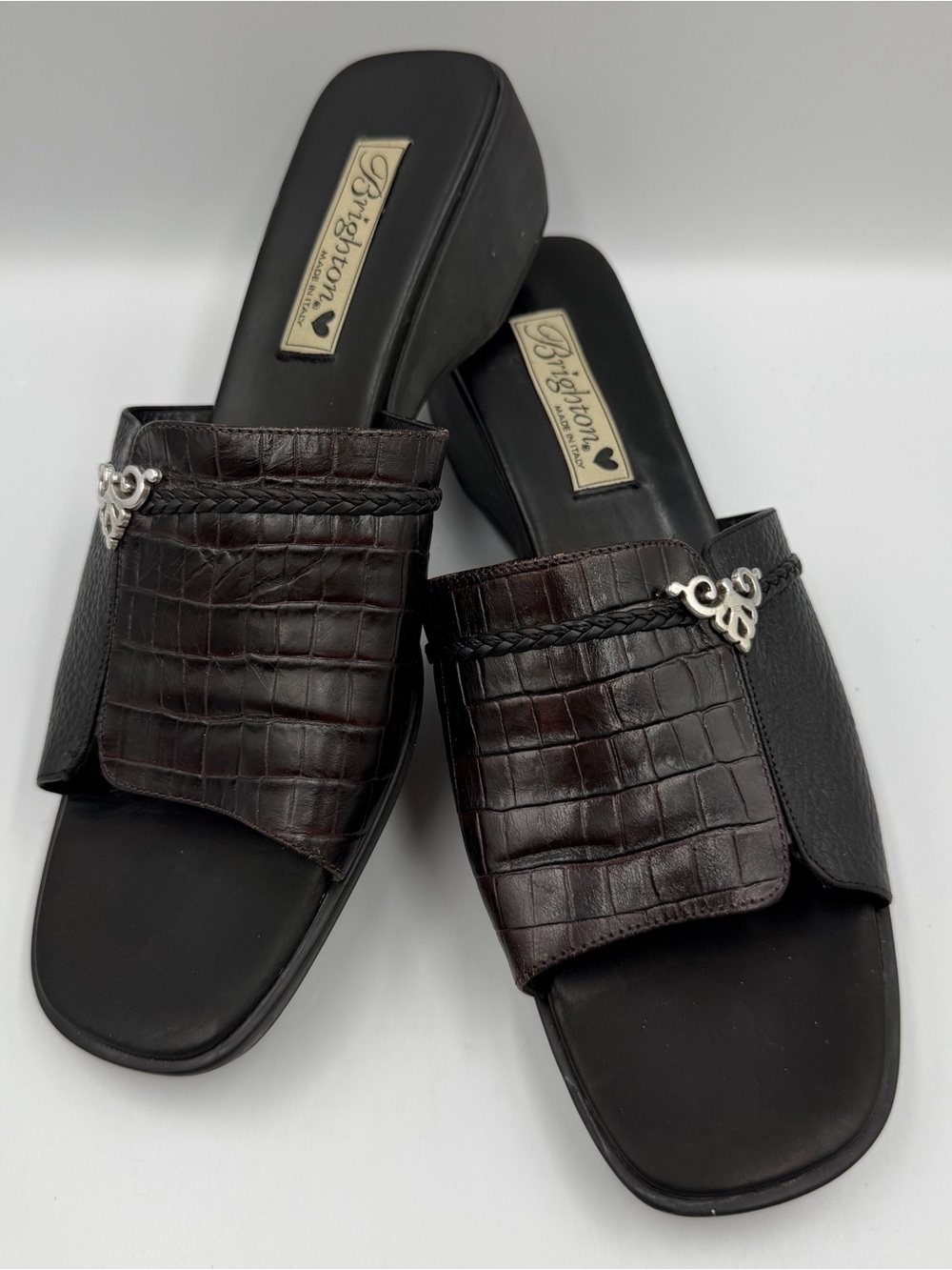Brighton Britta Leather Sandal Wedge Black Brown Croc Womens 10M Slide Braid